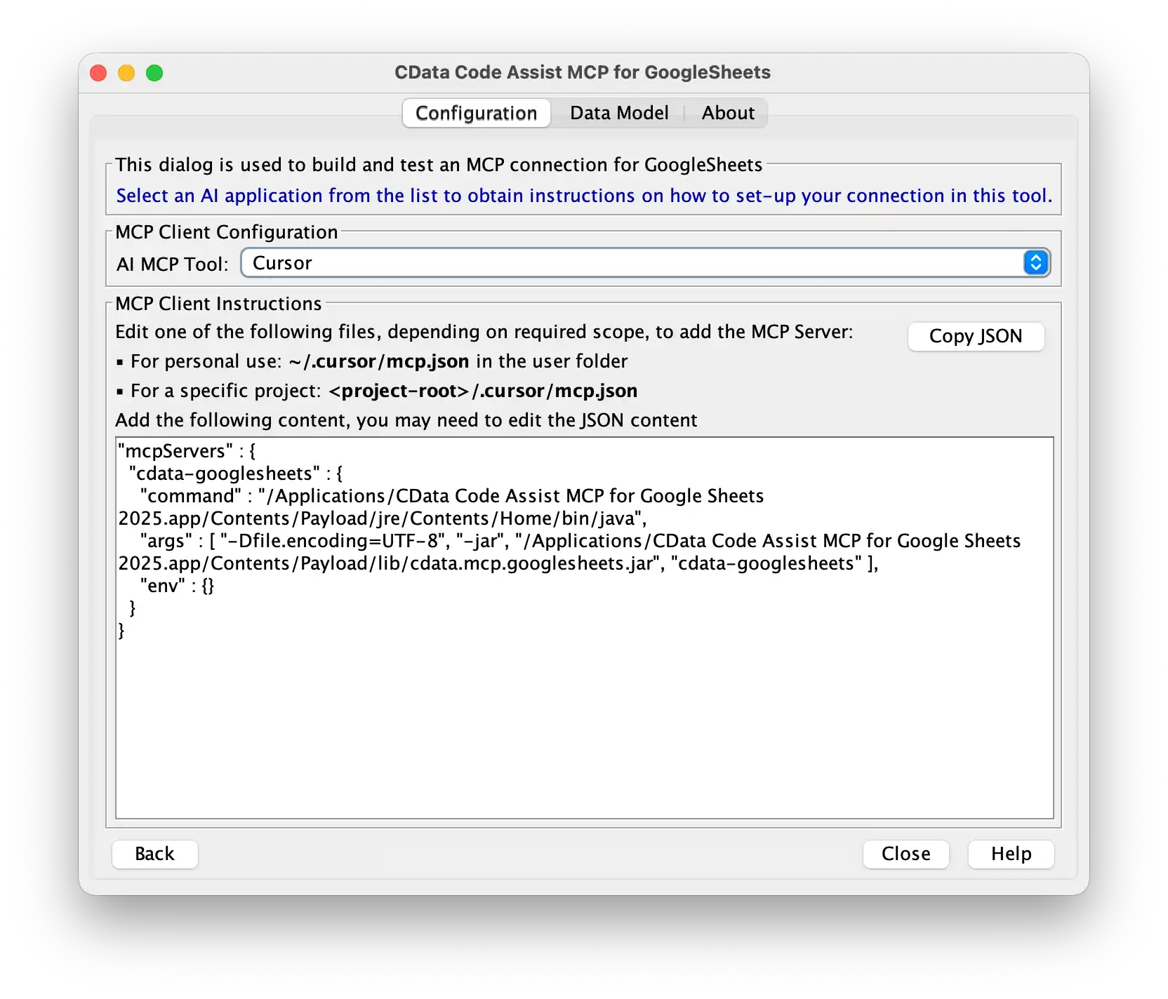 MCP Client Instructions 画面（ファイルパスと Copy JSON ボタン）