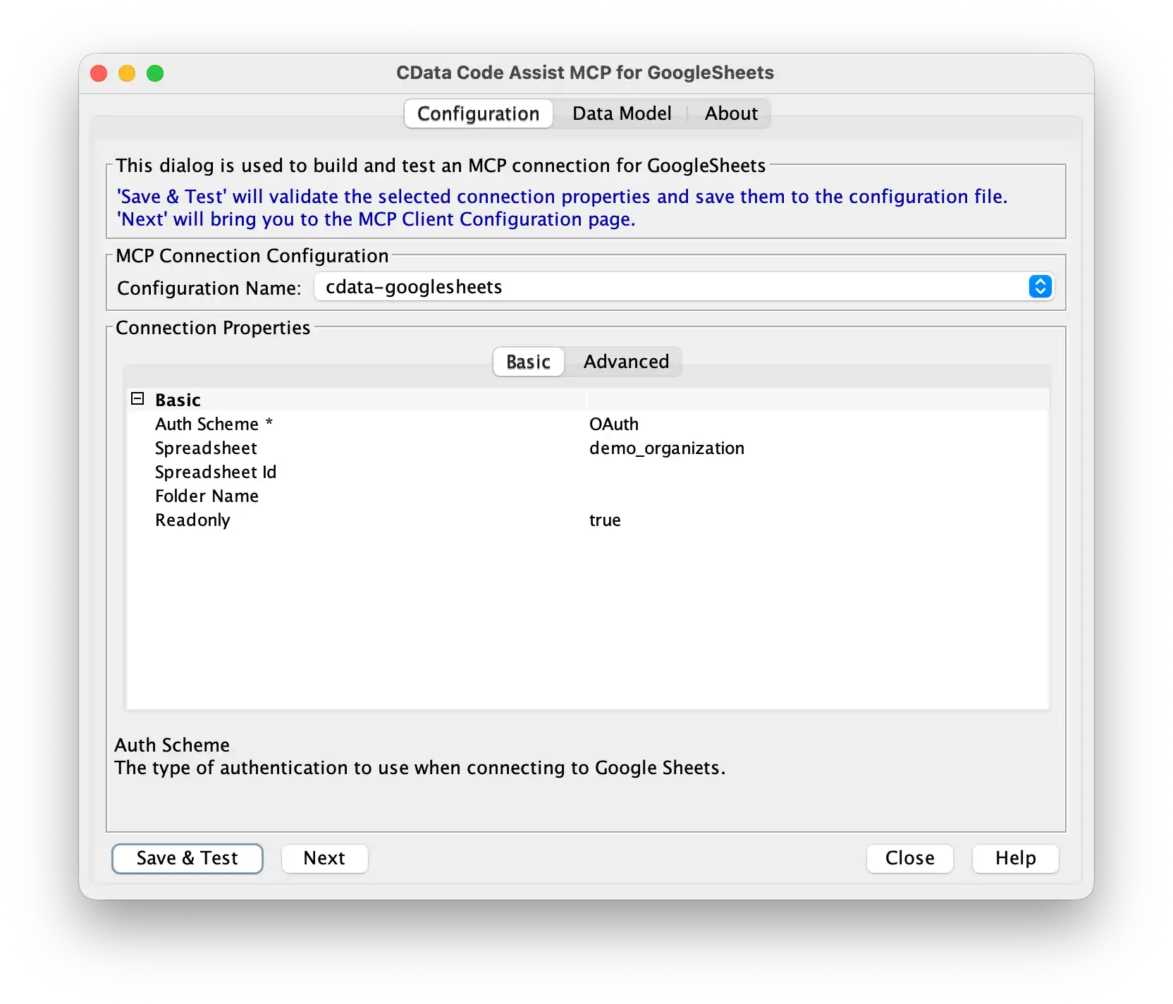 Google Sheets MCP 接続設定画面（OAuth と Spreadsheet フィールド）