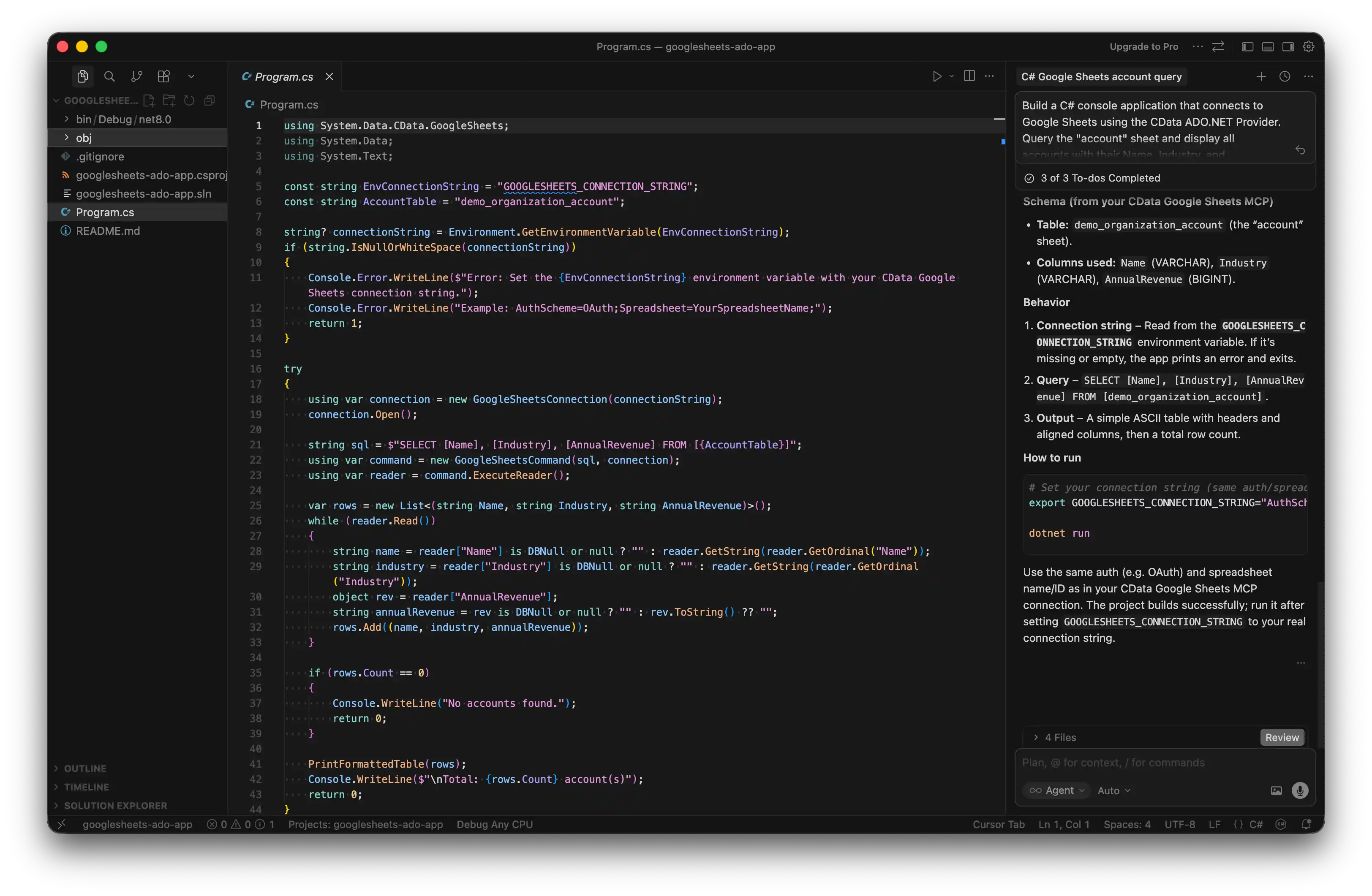 Cursor が CData ADO.NET Provider を使用する C# コードを生成している画面