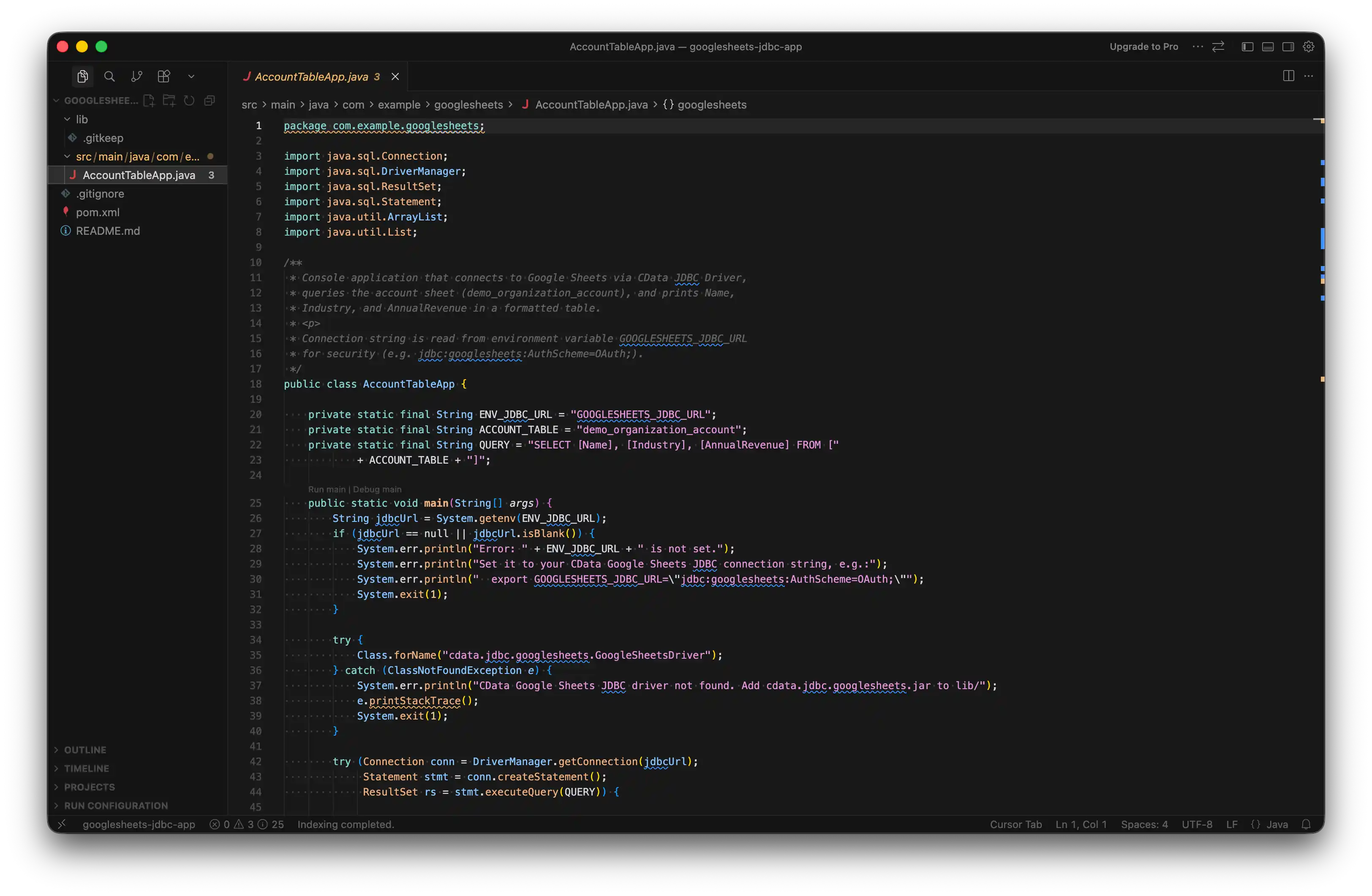 Cursor が CData JDBC Driver を使用する Java コードを生成している画面