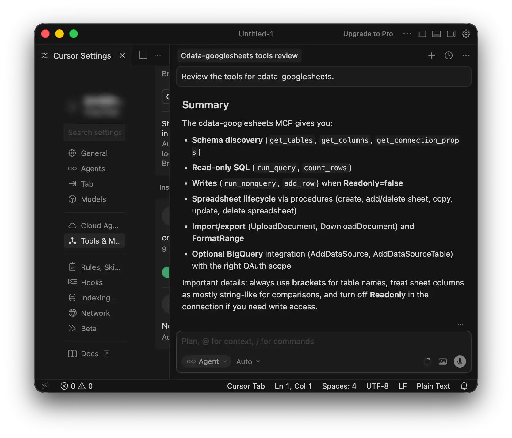 Cursor AI チャットで MCP 接続手順を確認している画面