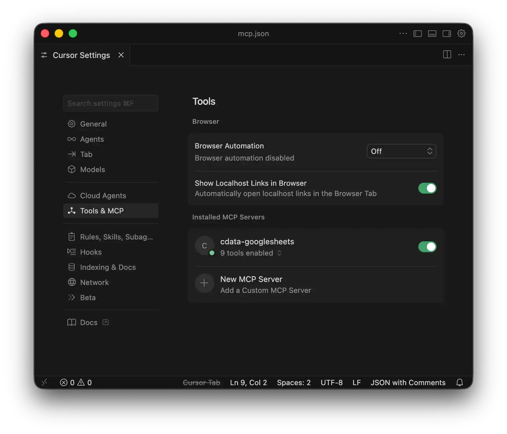 Cursor MCP 設定で cdata-googlesheets 接続が Running として表示されている画面