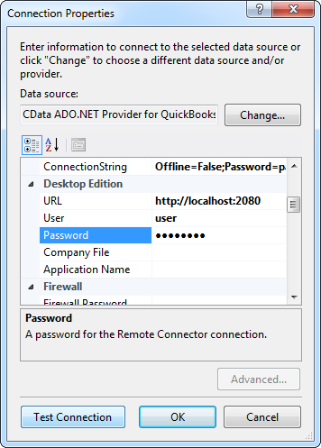 The connection for the model. (QuickBooks is shown.)