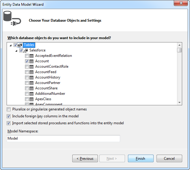 Entity Data Model ウィザードで利用可能なテーブル。(Salesforce の例)