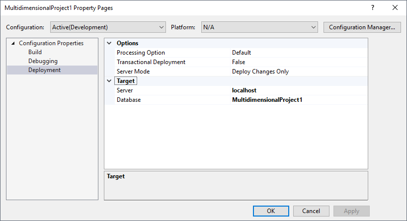 Configuring the target server and database.