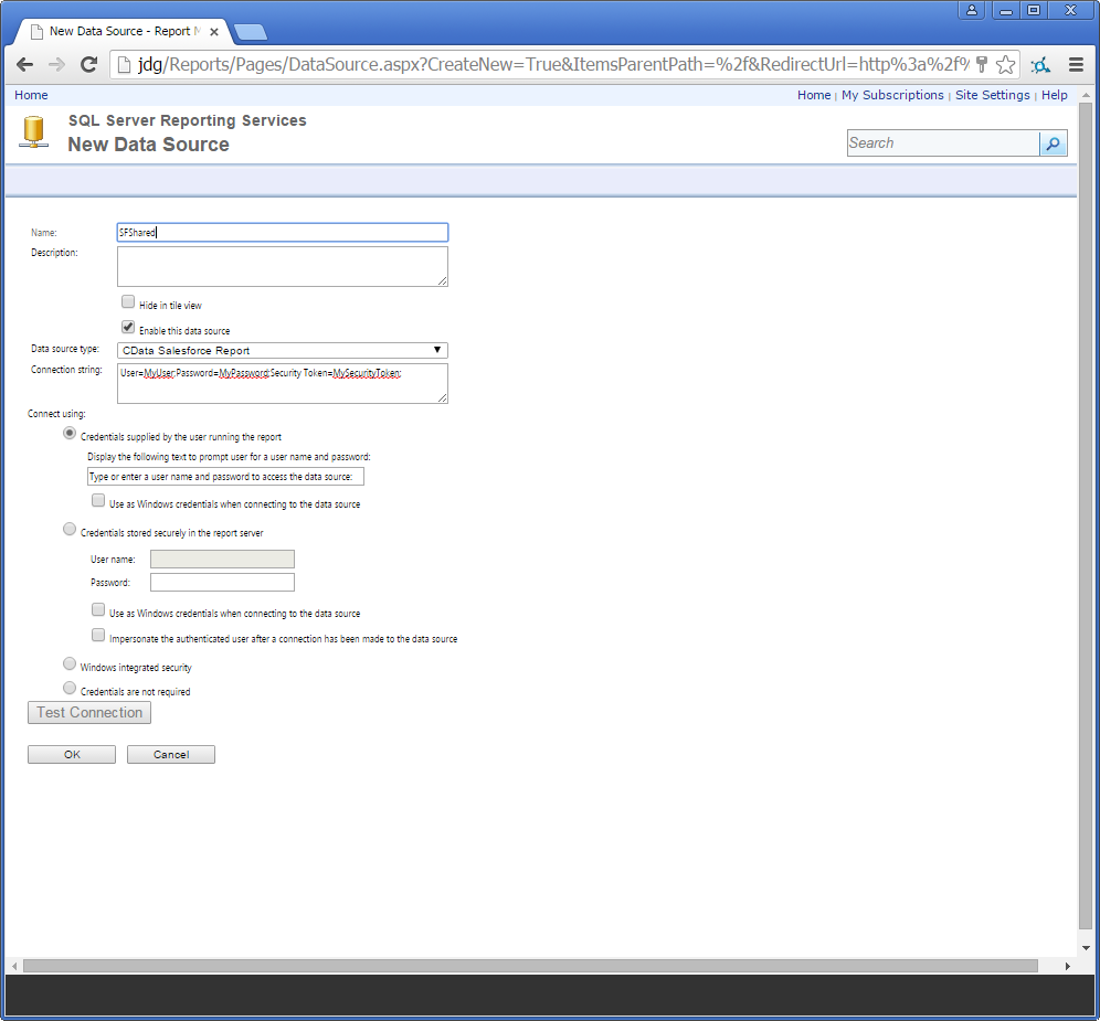 Properties to define a shared data source in Report Manager. (Salesforce is shown.)