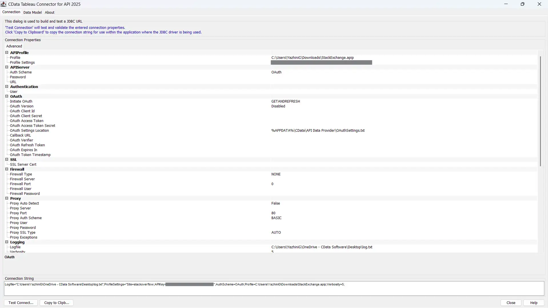 API Profile と接続プロパティが入力された Connection Builder