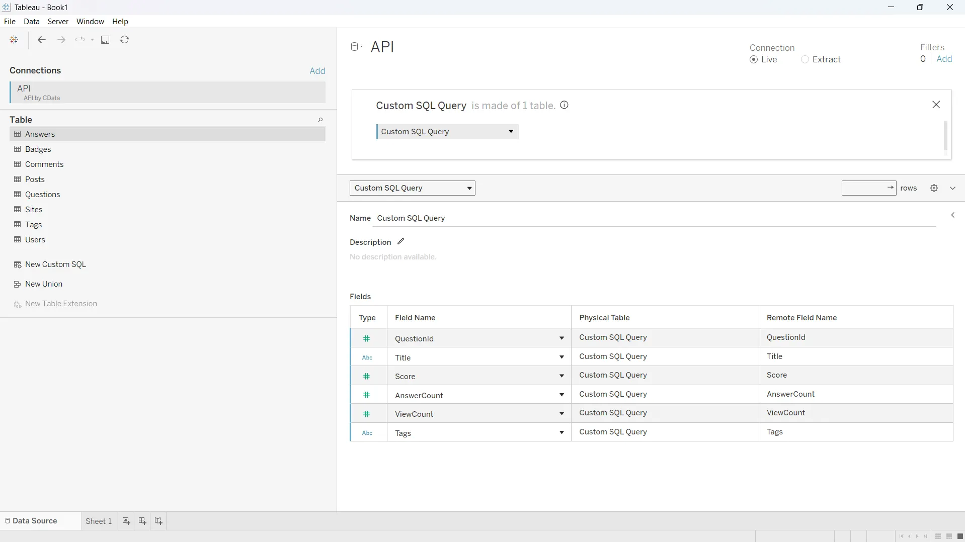 CData API Driver 経由で Tableau から利用できる Stack Exchange テーブル