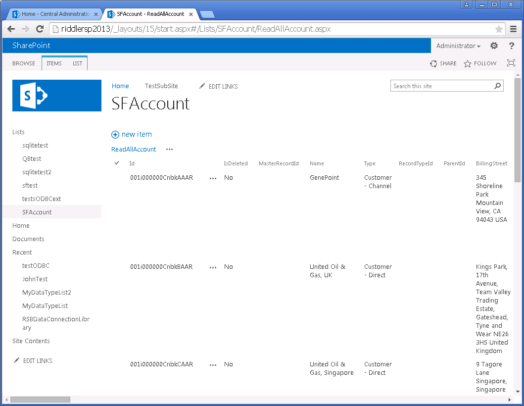 The external list.(Salesforce with SharePoint 2013 is shown.)