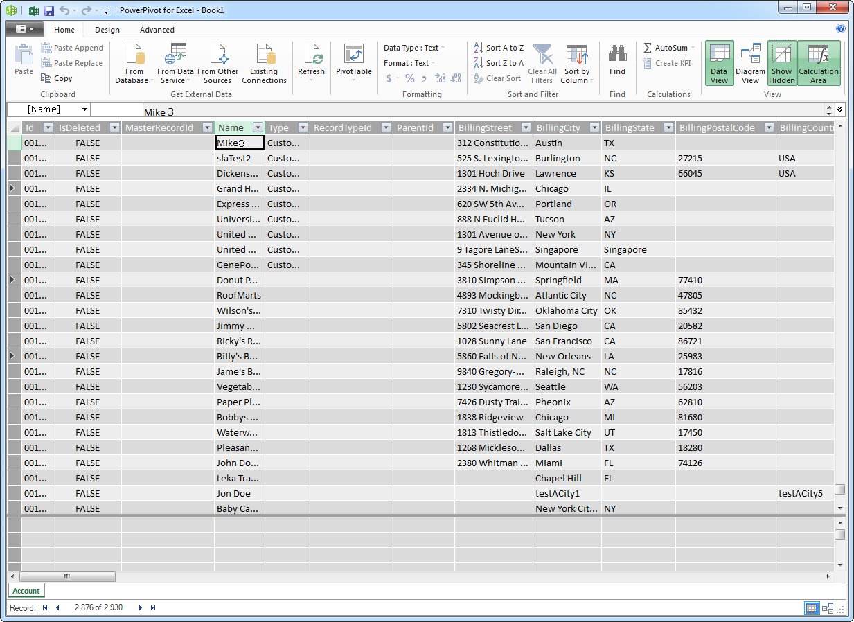 The Pivot Table that is consuming OData feeds from the API Server.(Salesforce is shown.)