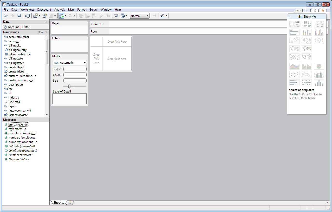 Columns organized into dimensions and measures in Tableau.(Salesforce is shown.)