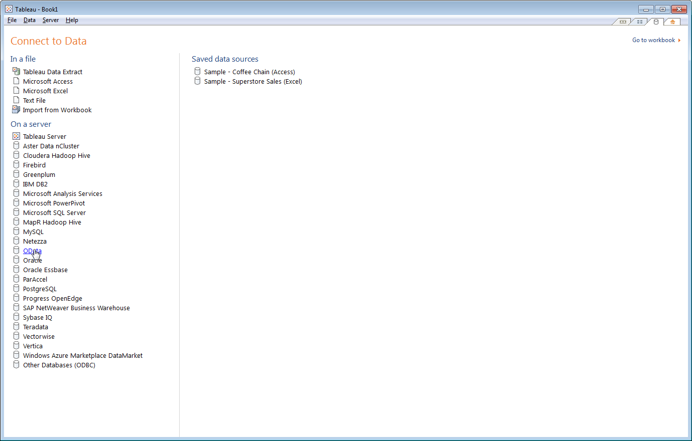 An OData data source, in the 'On a server' section in the 'Connect to data' wizard in Tableau.