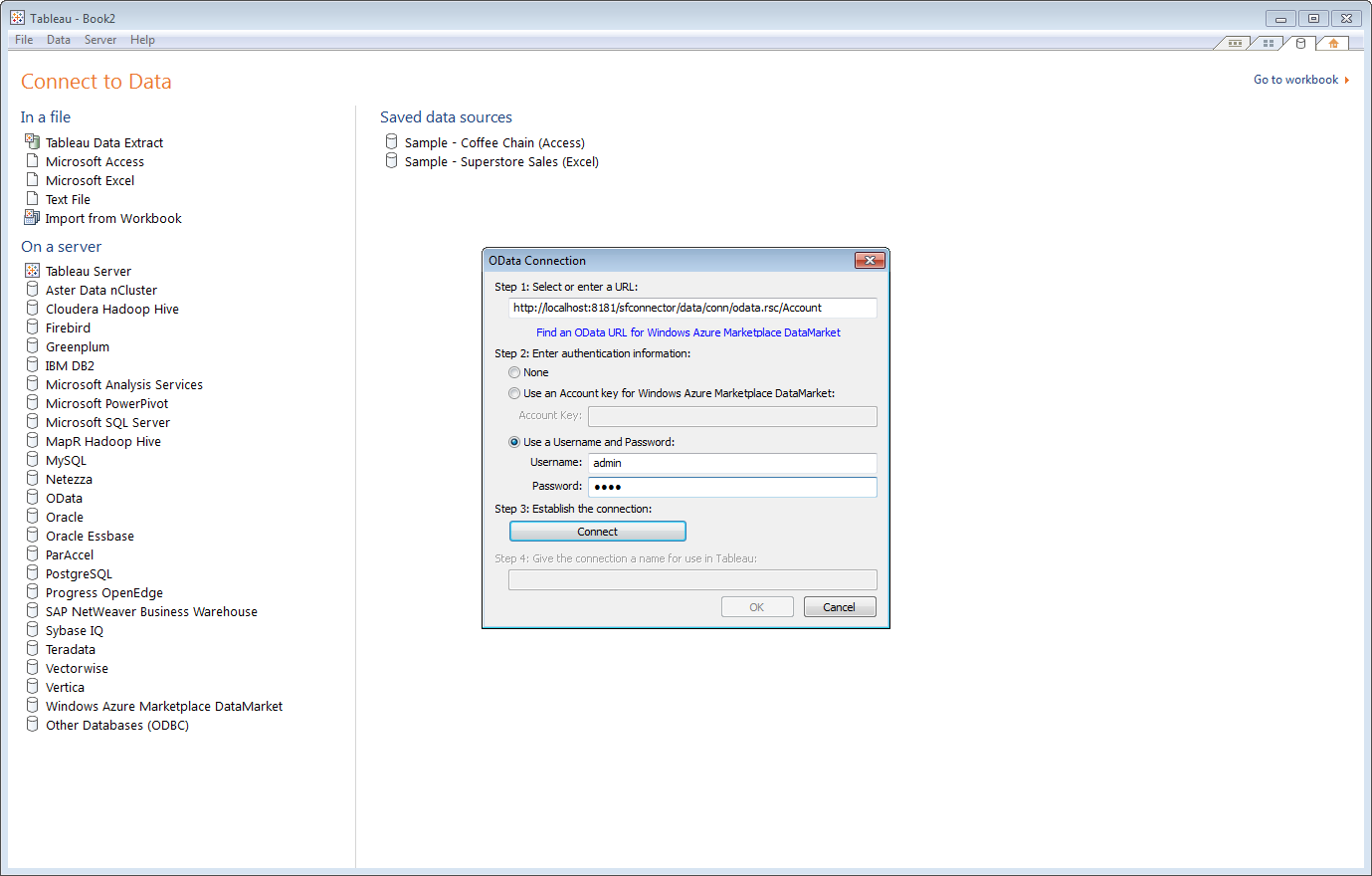 The URL of the OData endpoint of the API Server and the username and password (authtoken) of an API Server user.