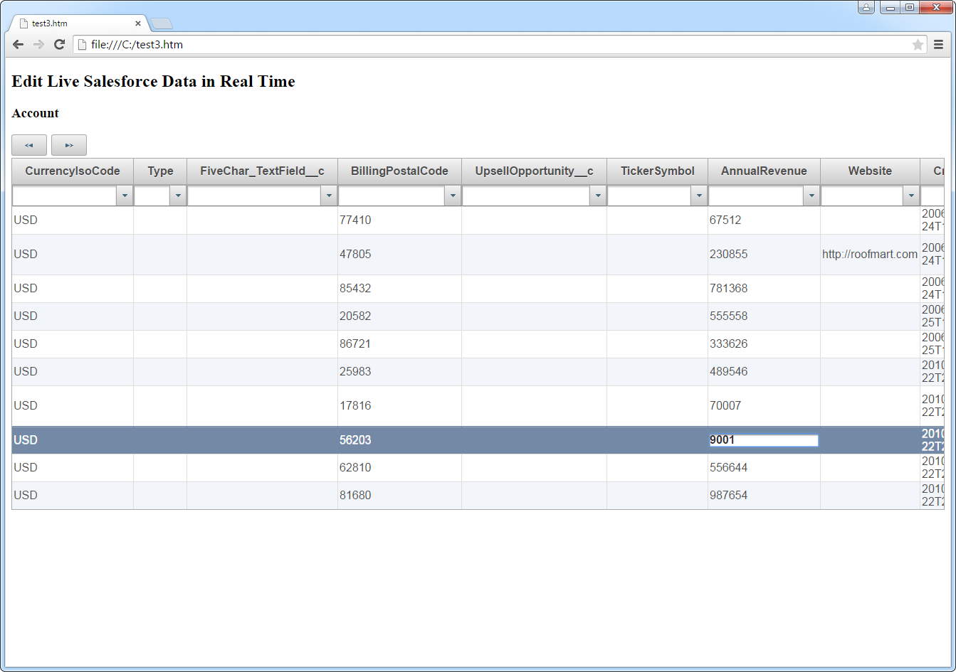 結果のWijmo グリッド。（Salesforce が表示されています。）