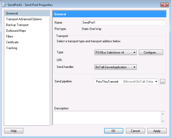 The send port properties dialog. (Salesforce is shown.)