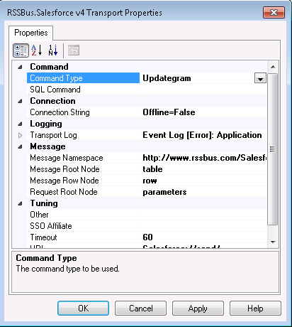 The Adapter Transport Properties dialog. (Salesforce is shown.)