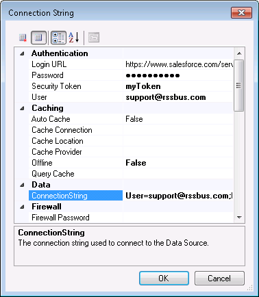 Credentials and other connection properties used to connect to the data source. (Salesforce is shown.)