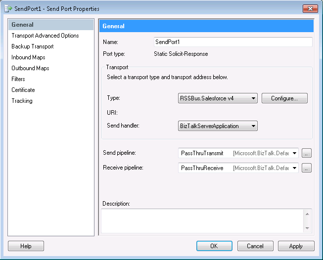 Send port properties for a solicit-response send port that is configured for the adapter. (Salesforce is shown.)