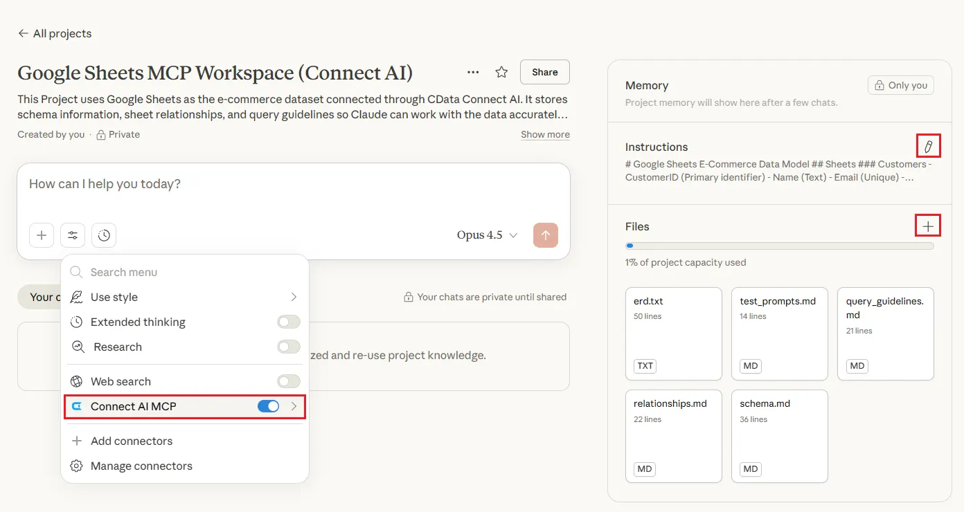 Enable Connect AI as an MCP tool in the Claude Project