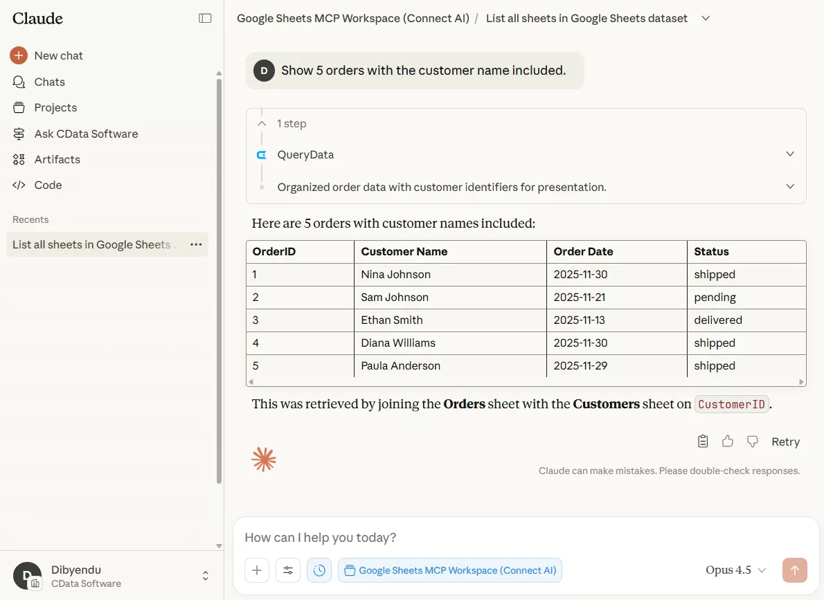 Query 2: Show 5 orders with the customer name included.