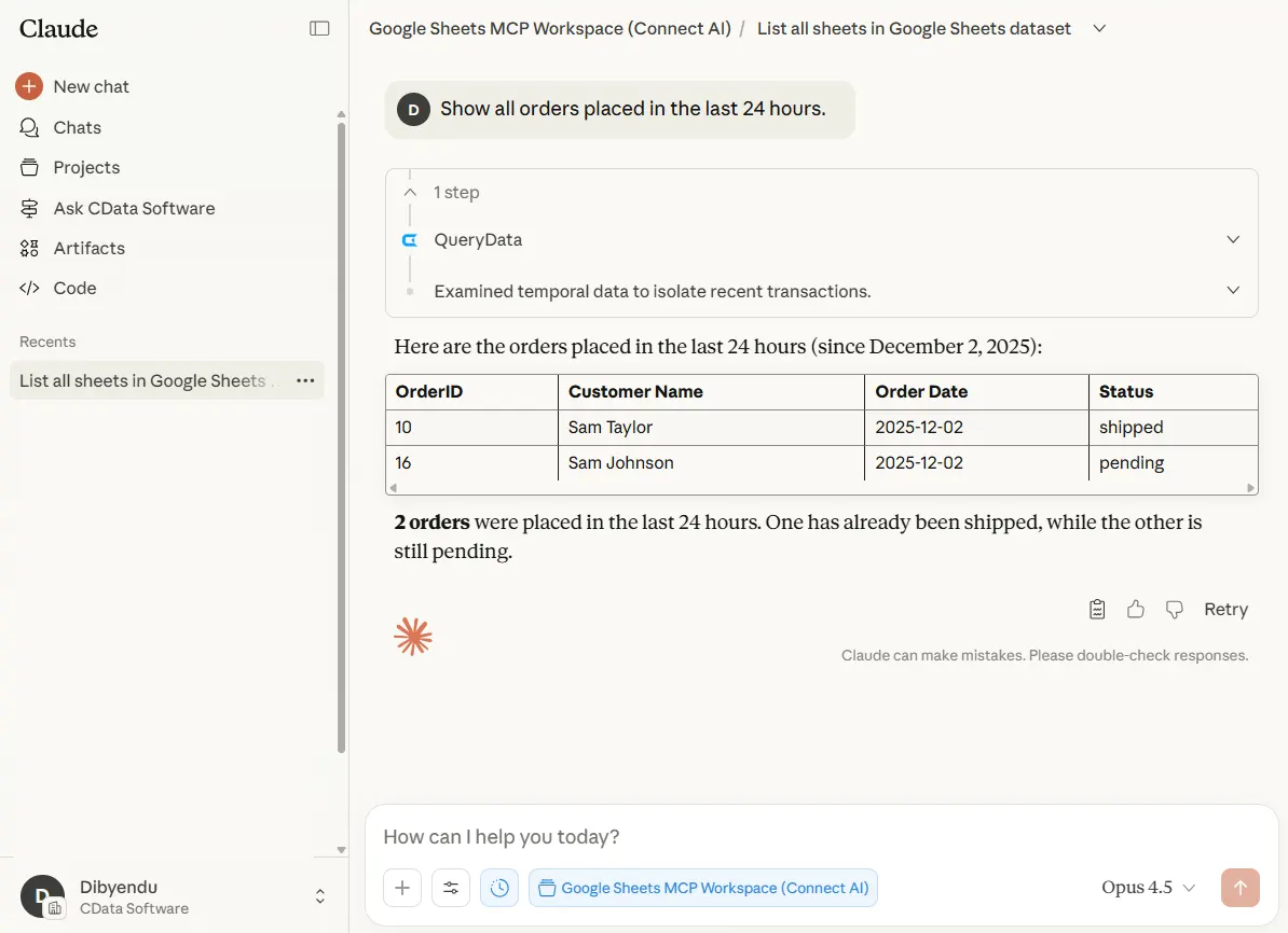 Query 5: Show all orders placed in the last 24 hours.