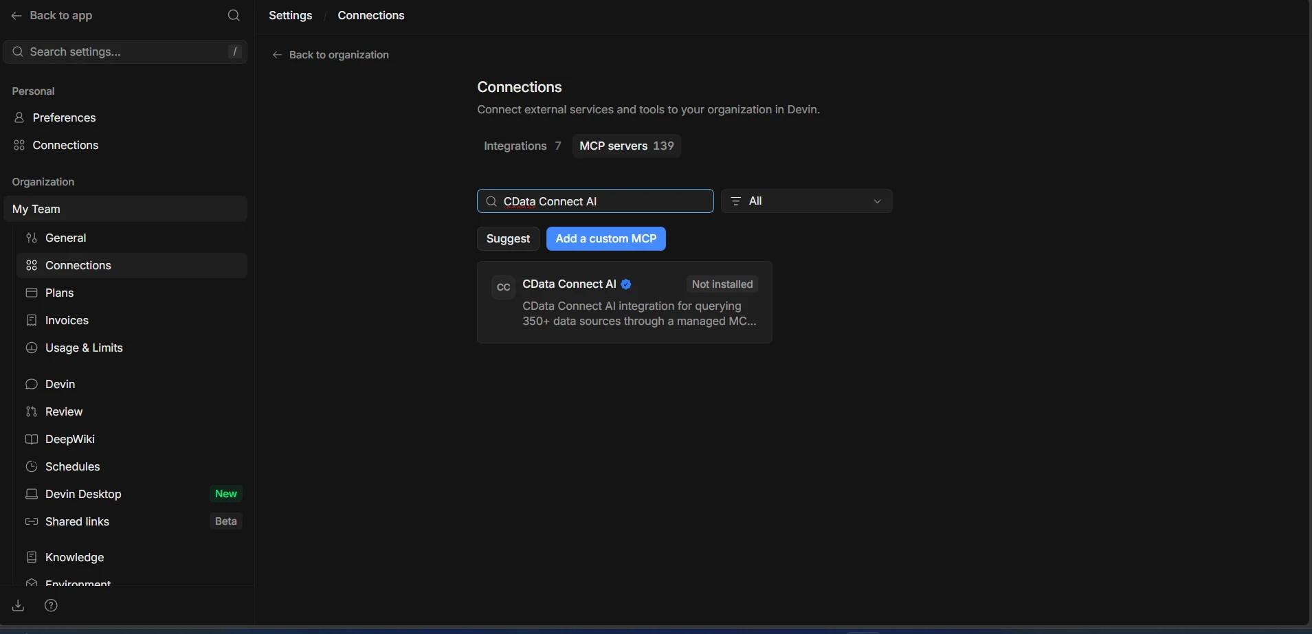 Devin でMCP サーバーを表示してCData Connect AI を検索