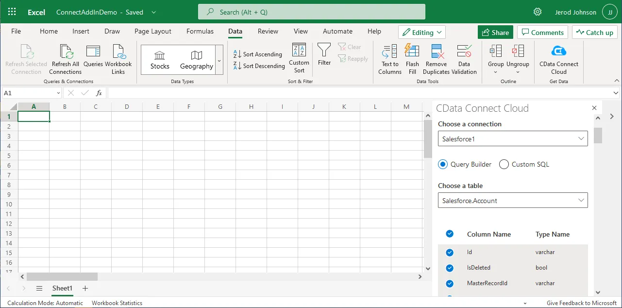Excel 365 のCData Connect Cloud パネル