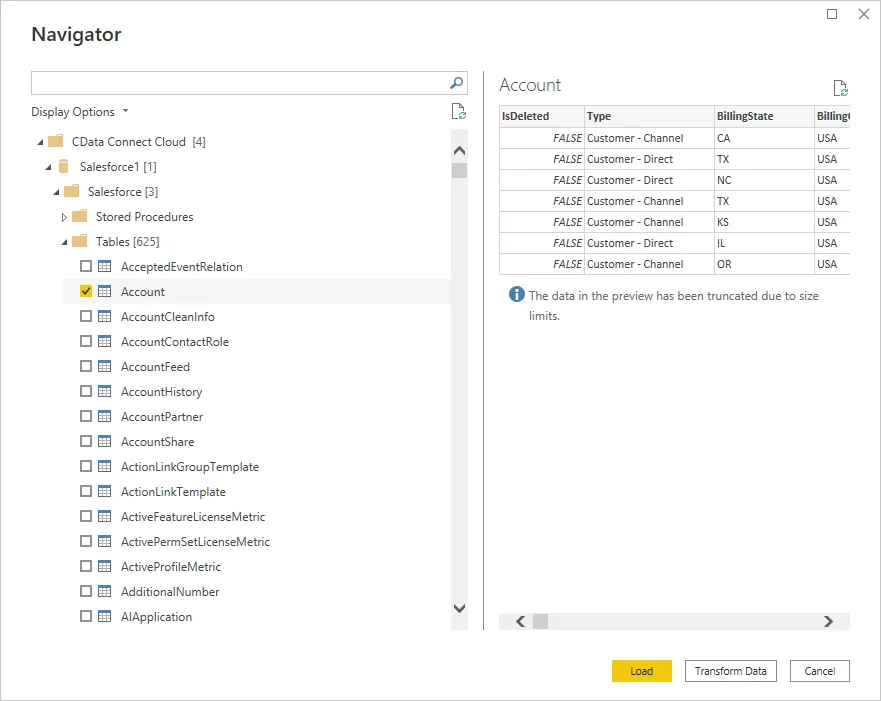 The available tables.（Salesforce の表示）