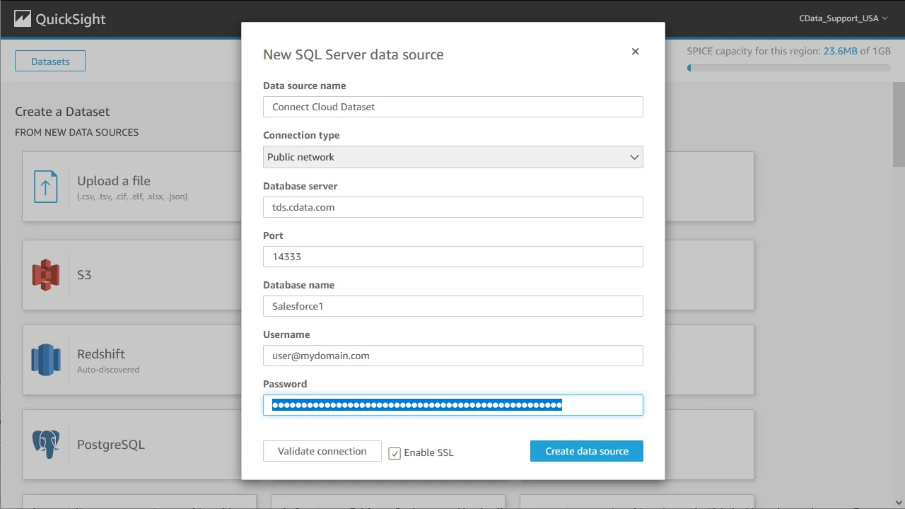 Connecting to Connect Cloud as a QuickSight data set.