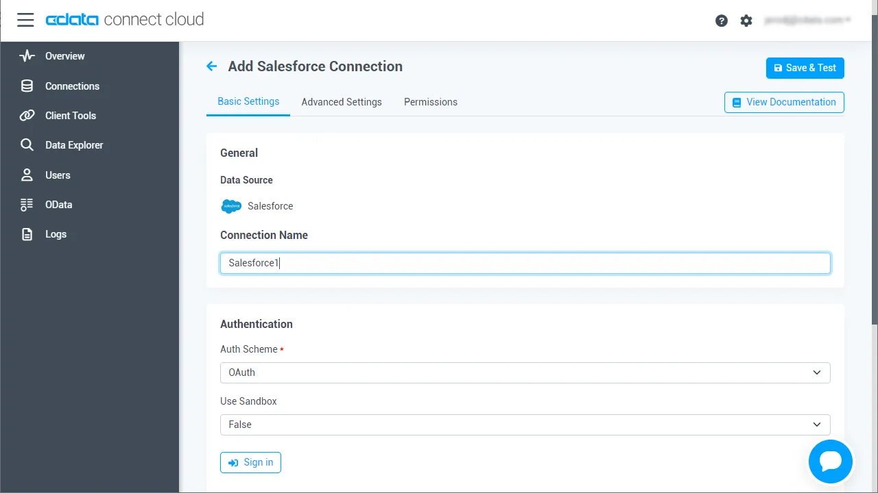 Configuring a connection (Salesforce is shown)