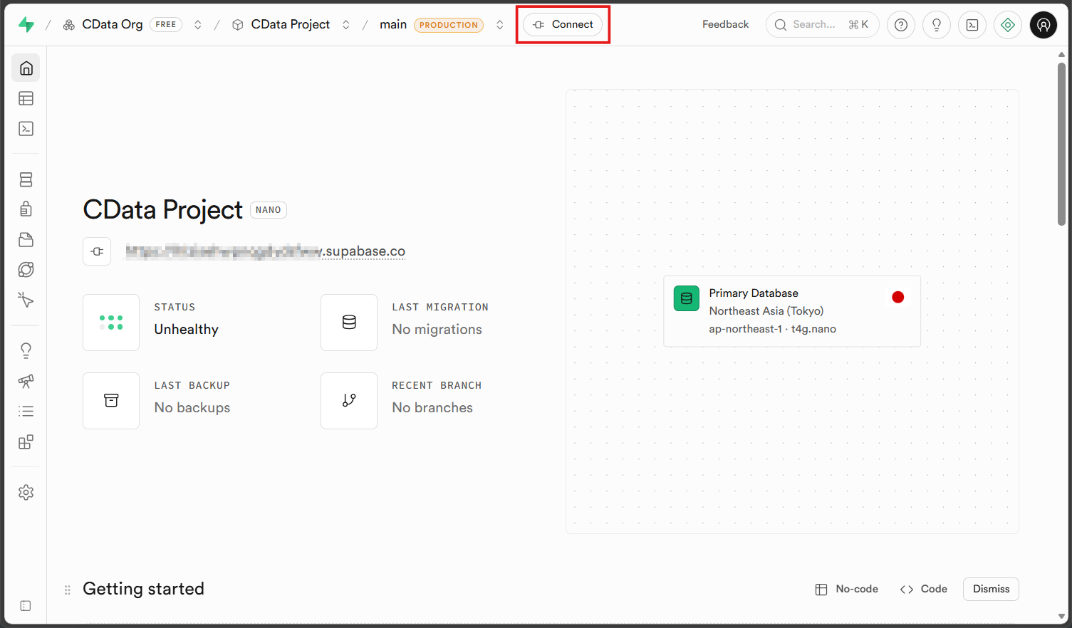 Supabase プロジェクトダッシュボード - Connect をクリックして接続文字列を表示