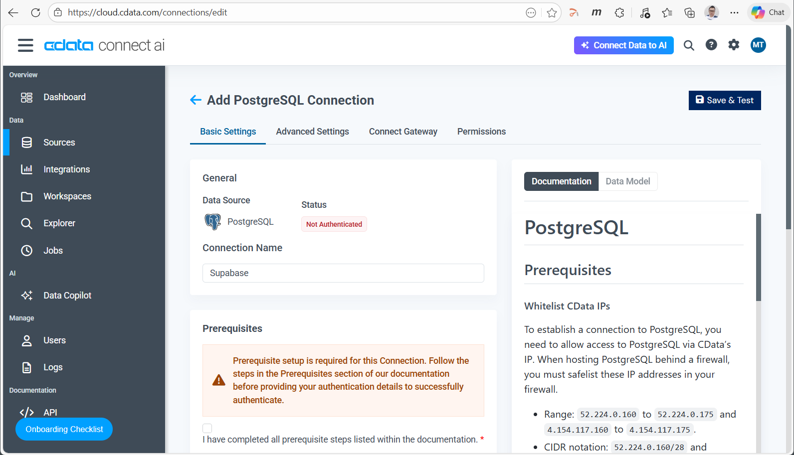 Add PostgreSQL Connection - Basic Settings タブ