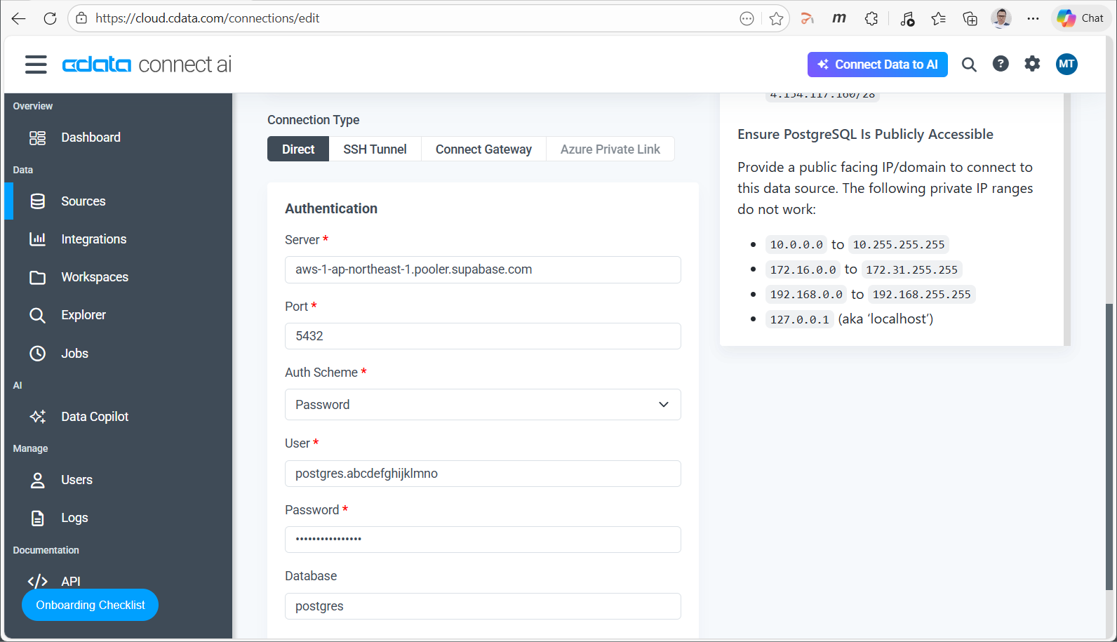 Basic Settings に Supabase の接続パラメータを入力