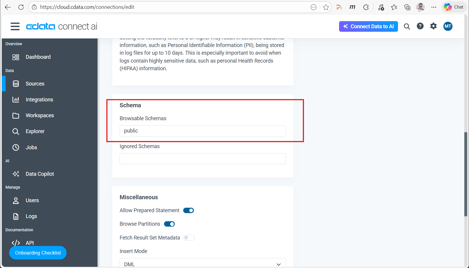Advanced Settings - Browsable Schemas を public に設定
