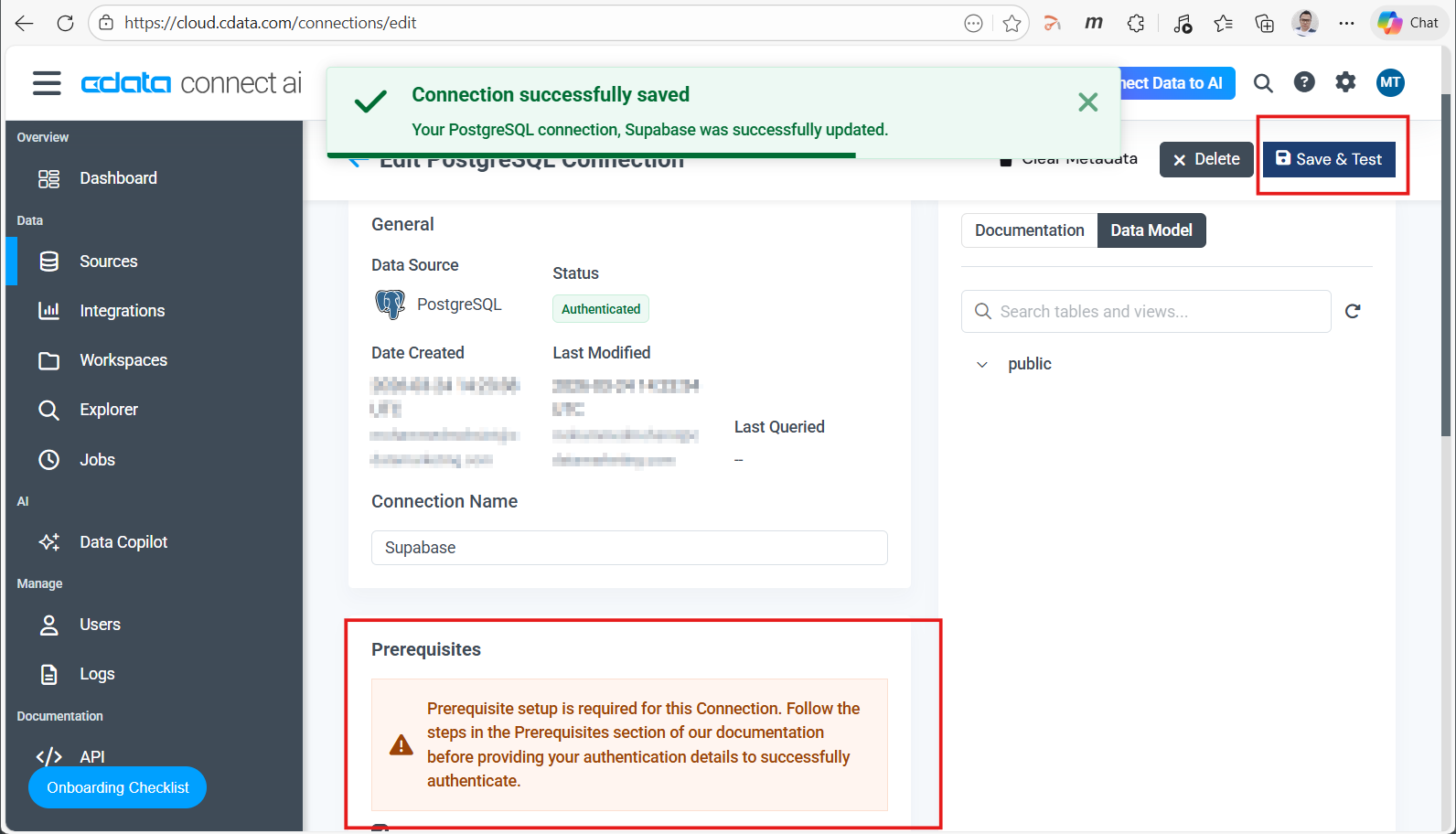 接続の保存に成功 - ステータスが Authenticated に更新され、Data Model に public スキーマが表示される