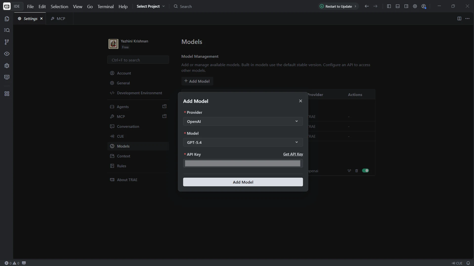 Adding an LLM model and API key