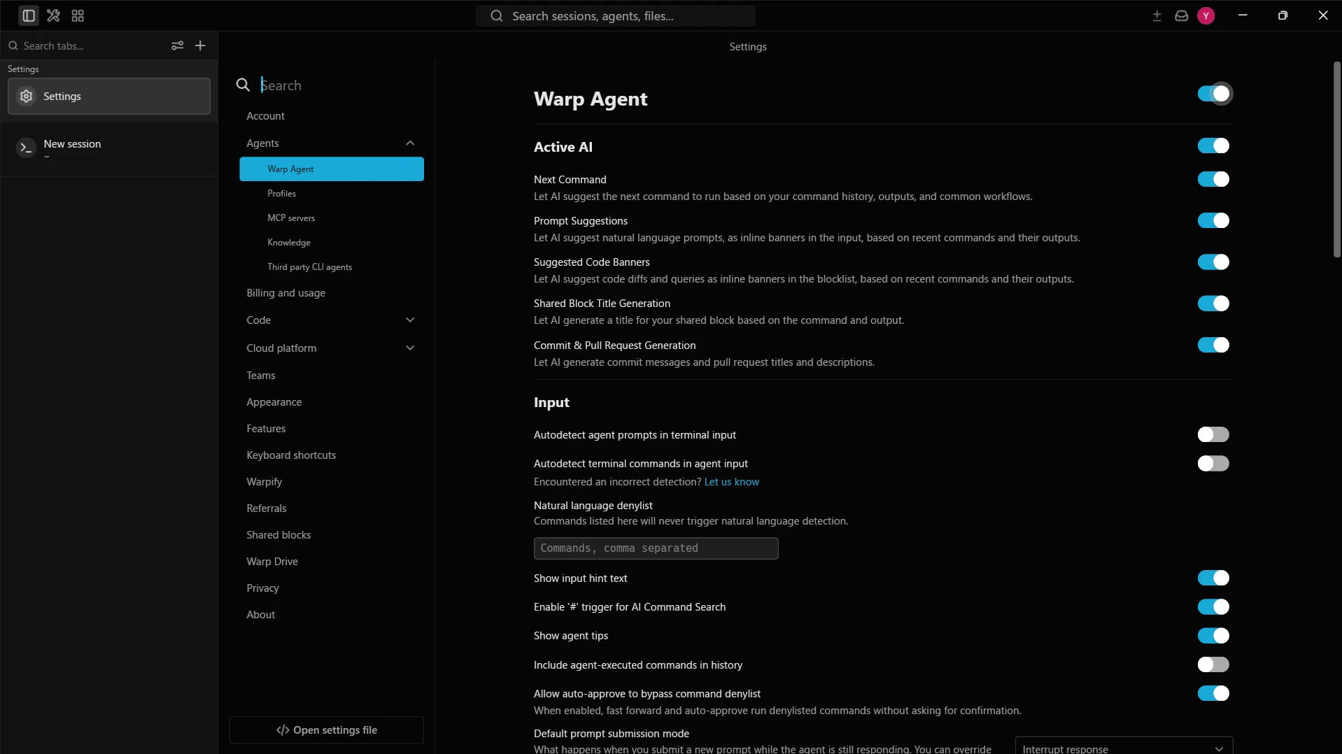 Settings で Warp Agent を有効化