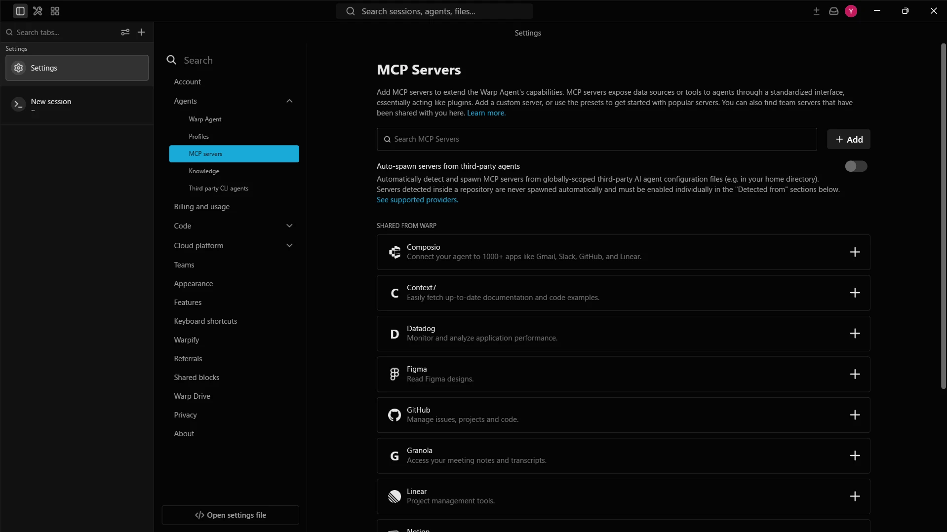 Warp で新しい MCP サーバーを追加
