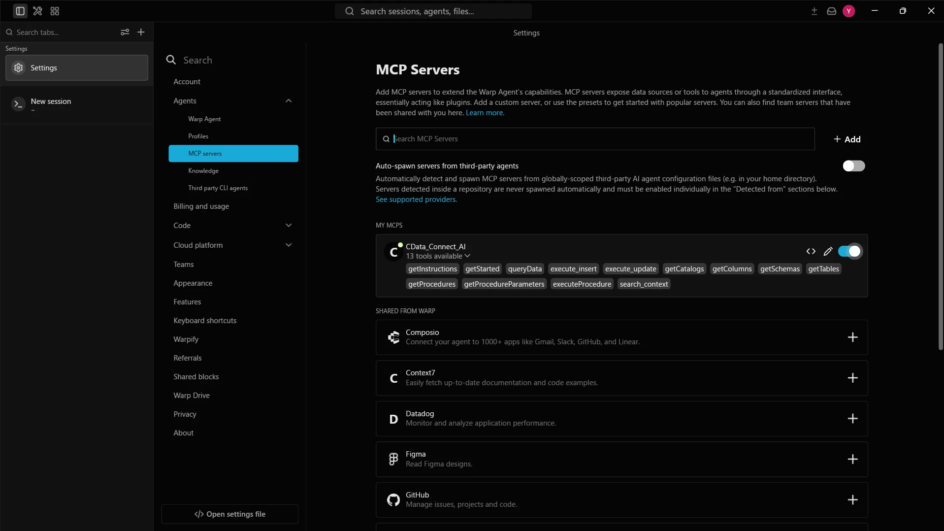 Warp で Connect AI MCP Server が有効になっていることを確認