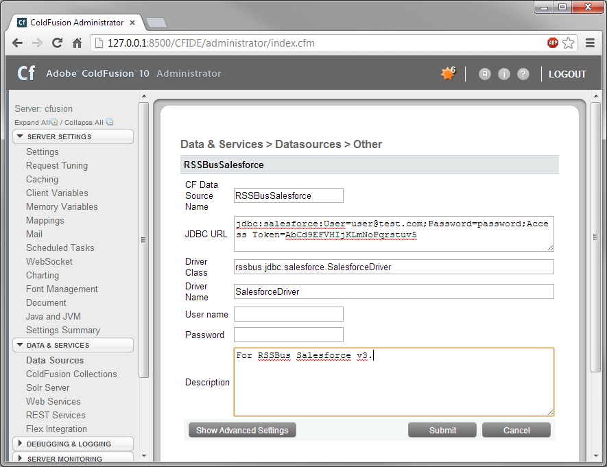 Required connection properties specified in the JDBC URL. (Salesforce is shown.)