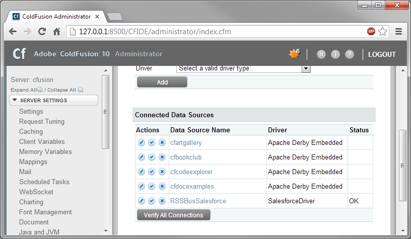 Test the connection in the Actions column. (Salesforce is shown.)