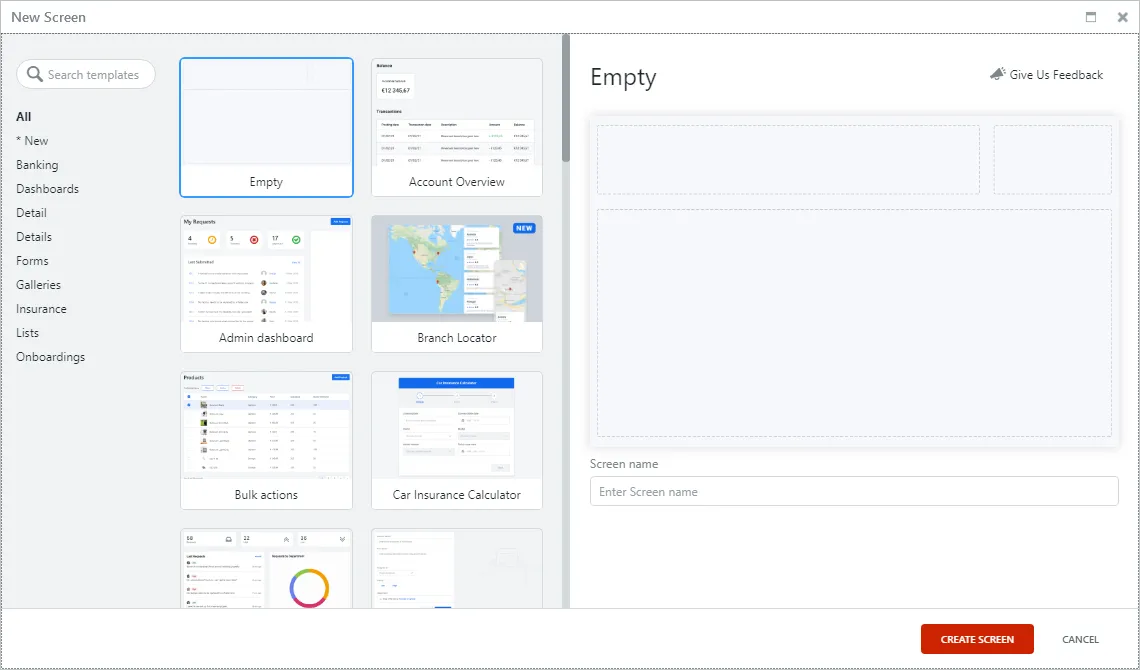 Screen テンプレートの選択