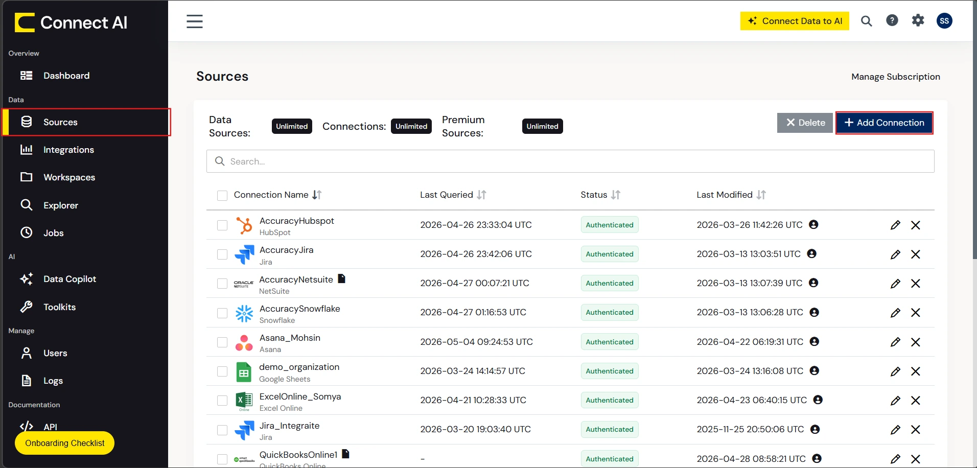CData Connect AI Sources page—click Add Connection