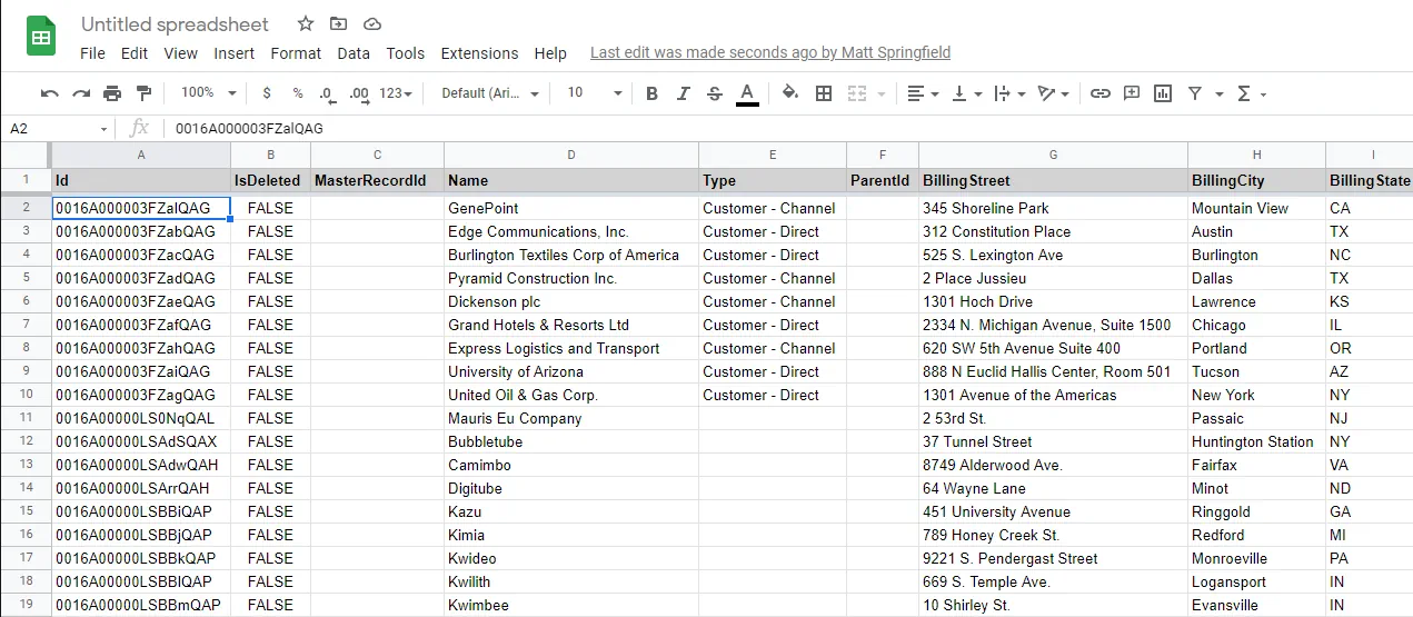 Google Sheets 内の Salesforce データ