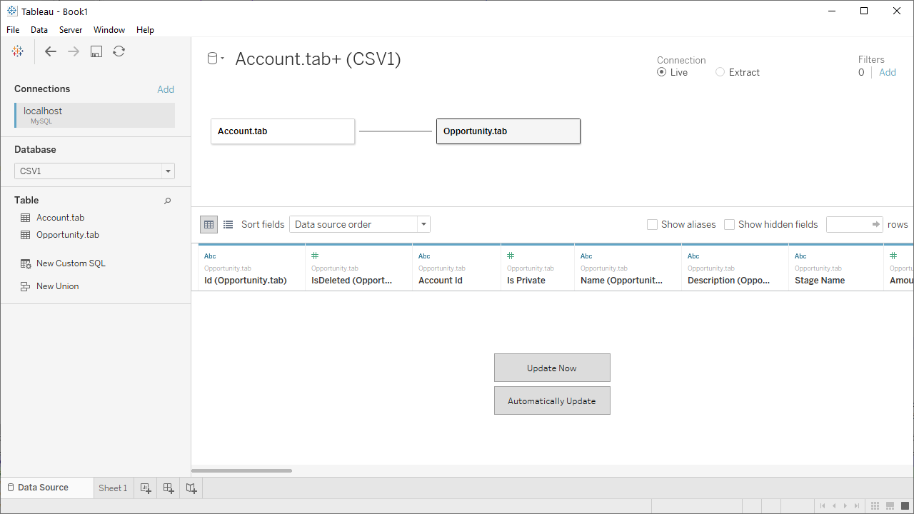 Choosing a Database and Tables (a connection to CSV documents is shown)