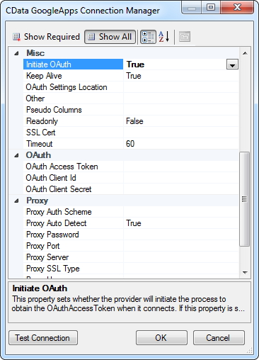 GoogleApps 用 Connection Manager での認証情報およびその他の接続プロパティ