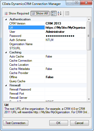 Dynamics CRM 用 Connection Manager での認証情報およびその他の接続プロパティ