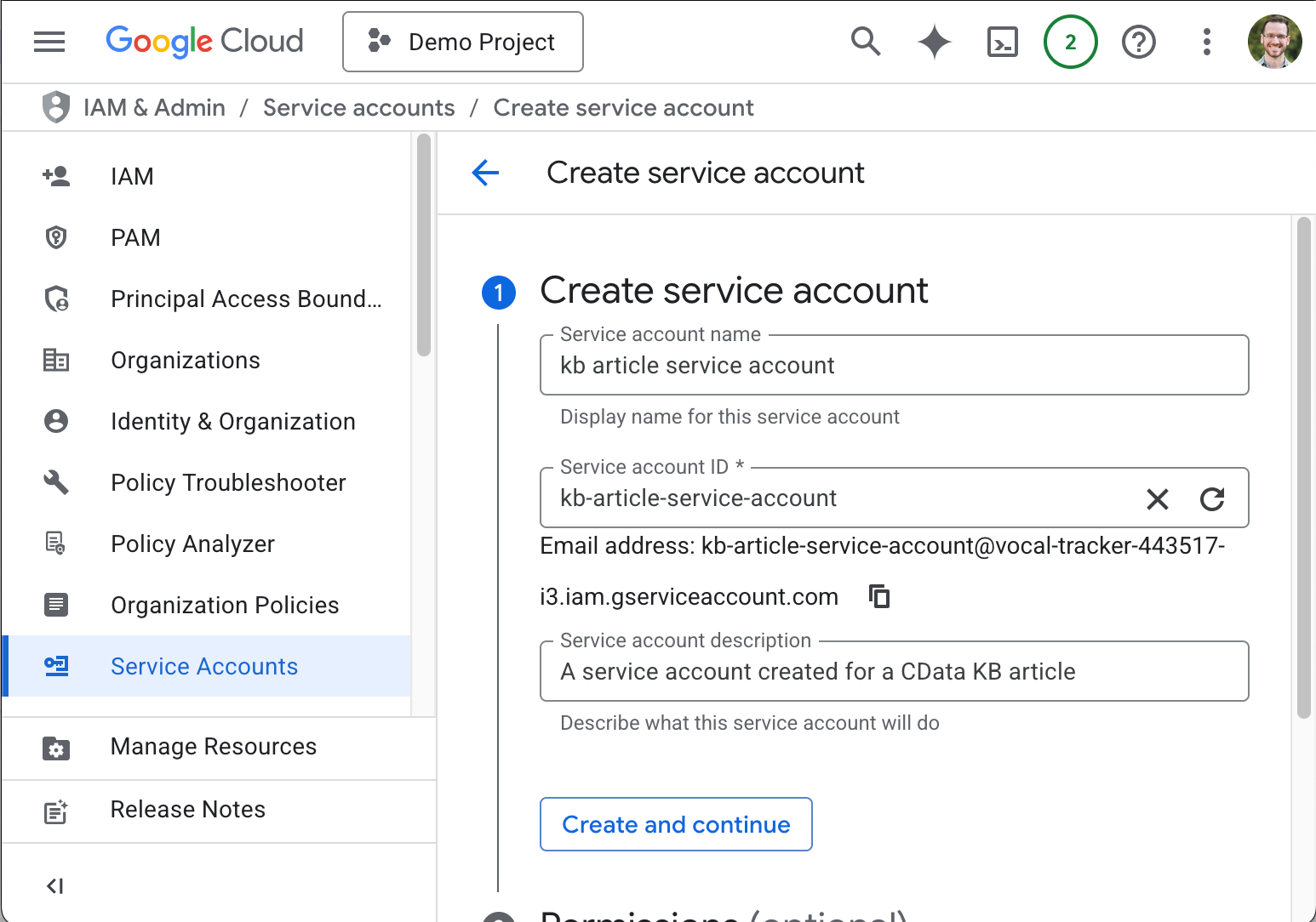 サービスアカウントの設定(名前、ID、説明)