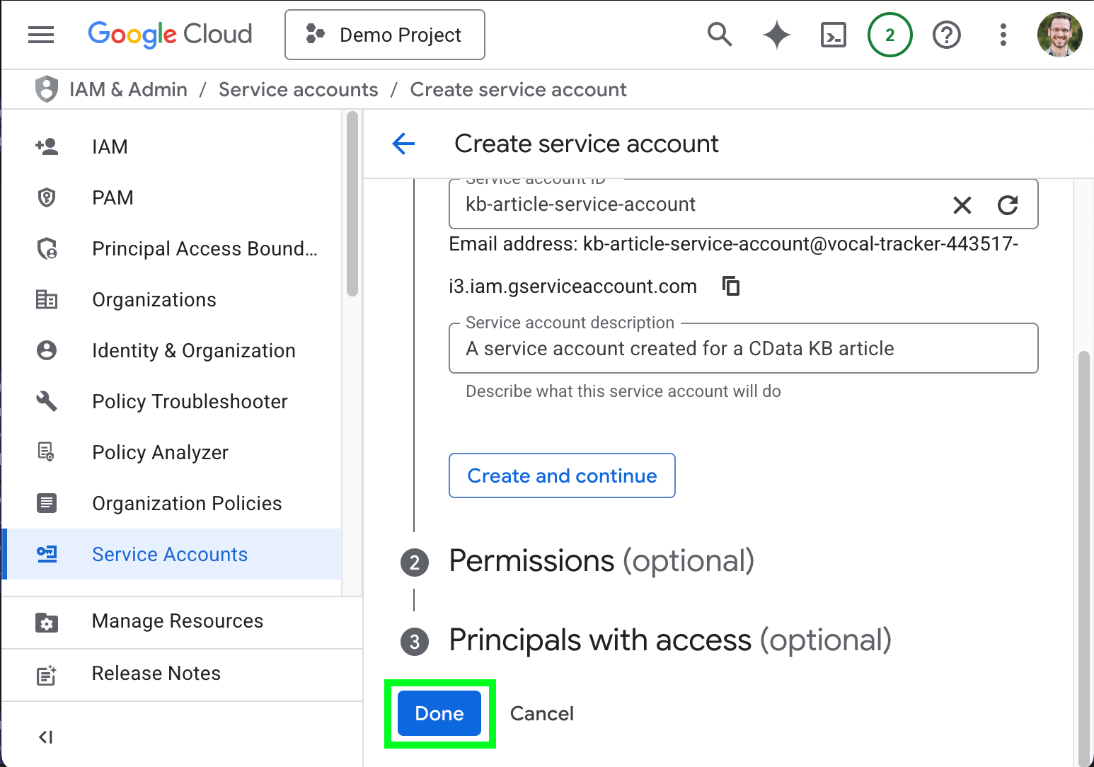 サービスアカウントの設定を完了
