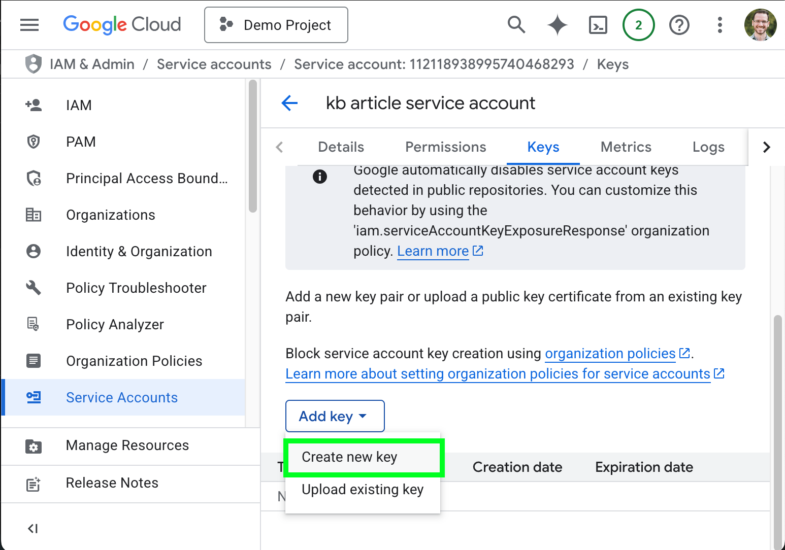 サービスアカウントの新しい鍵を作成